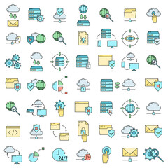 Set of online database cloud computer technology icon, remote data storage, protect information outline flat vector illustration, isolated on white.