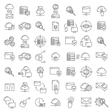 Set of online database cloud computer technology icon, remote data storage, protect information outline flat vector illustration, isolated on white.