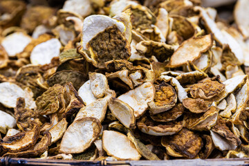 Dried Kaffir Lime Peel (magrood). Bergamot peel dry for spices. Texture for background.