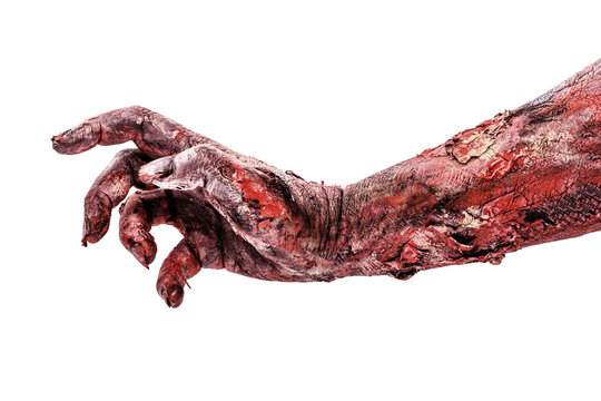 Realistic zombie hand with wounds and blood, isolated white background, copyspace.