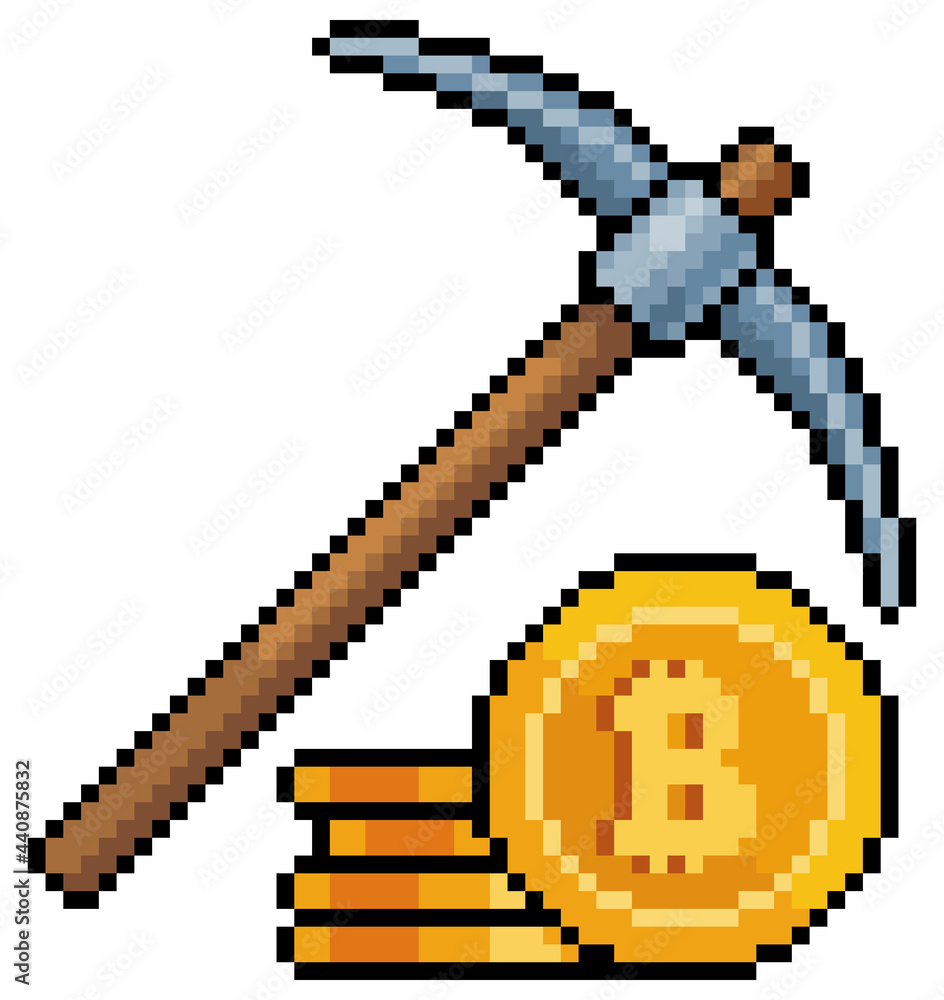 Poster pixel art bitcoin mining with pickaxe. investment in cryptocurrencies icon for 8bit game on white ba