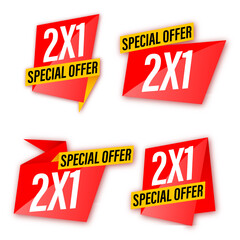 Set of stickers, icons, frames, banners with text 2X1 special offer, sale. 2 products for the price of 1. 