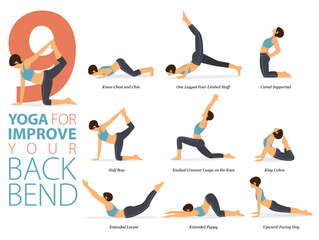 9 Yoga poses or asana posture for workout in yoga for improve back bend concept. Women exercising for body stretching. Fitness infographic. Flat cartoon vector - obrazy, fototapety, plakaty