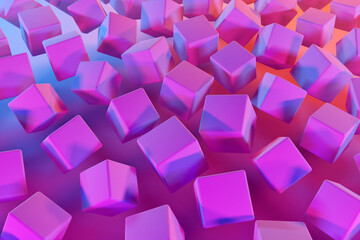 3d illustration of rows of  pink  cubes under a blue-pink neon color . Parallelogram pattern. Technology geometry  background