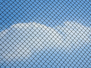 decorative wire mesh of fence with blue sky with cloud background