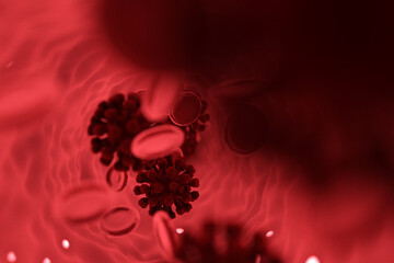 Red coronavirus COVID-19 under the microscope. 3d illustration concept coronavirus COVID-19.
