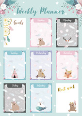 Weekly planner start on Sunday with bear cub,fox,wild,goals that use for vertical digital and printable A4 A5 size