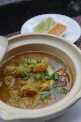 delicious beef tendon curry cooked with coconut milk soup, served with chili sauce