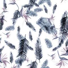 White Pattern Leaf. Navy Tropical Design. Gray Floral Plant. Azure Flora Vintage. Blue Decoration Palm. Indigo Wallpaper Design. Cobalt Spring Nature.