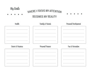 "My Goals" Planner Template. Goals Organizer Printable page. Vector Illustration Template. 