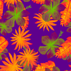 Purple Seamless Leaf. Golden Pattern Textile. Autumn Tropical Leaves. Violet Drawing Exotic. Yellow Decoration Leaf. Blue Wallpaper Illustration. Indigo Banana Leaves.