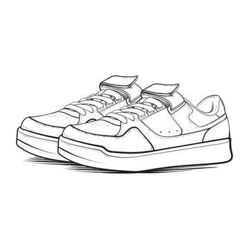 Shoe sneaker outline drawing vector, Sneaker drew in a sketch style, black line sneaker trainers template outline, vector Illustration.