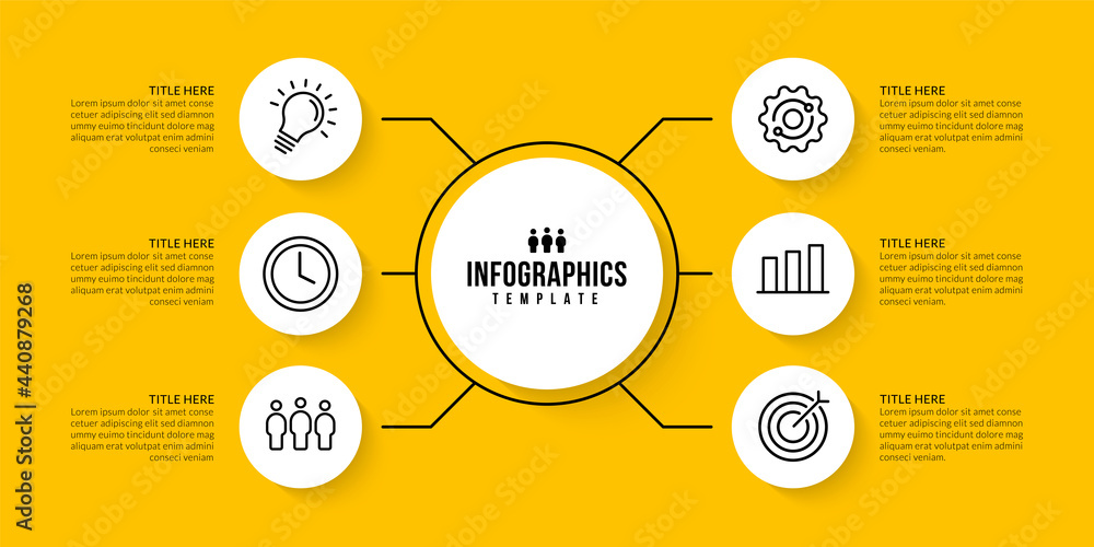 Poster workflow infographic template design with 6 options on yellow background, business data visualizatio