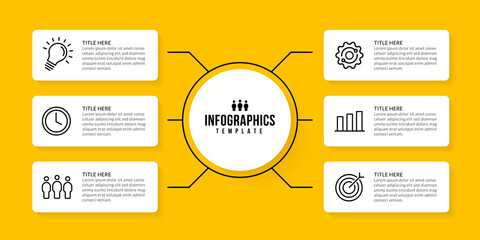 Workflow infographic template design with 6 options on yellow background, Business data visualization concept
