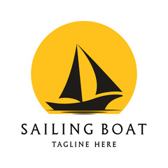 sailing boat logo design with yellow sunburst. sailing ship logo design. sail or ship vector icon illustration.