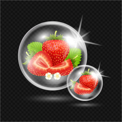 Strawberry in bubbles. Red strawberry realistic with 3D vector illustration. On a translucent background. Design for culinary products drinks and fruit, medical facial Serum. Web site decoration.
