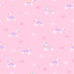 Fototapeta na wymiar Unicorn with rainbow seamless pattern on pink backgroud.