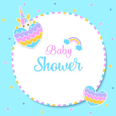 Illustration Baby Shower Unicorn with Rainbow Heart blue background.