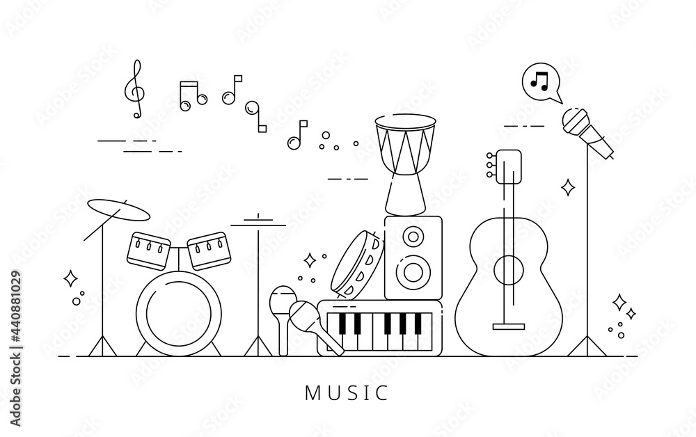 Poster instruments on stage. black line icon design on white background. flat design style minimal vector i