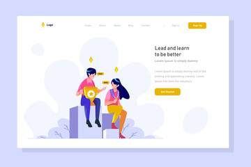 Landing page Business have winner championship competition best and get trophy medal people character flat design style Vector Illustration