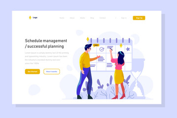 Landing page Business finance man and women managing schedule management work date calendar people character flat design style Vector Illustration