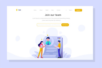 Obraz na płótnie Canvas Landing page Business Finance employer Searching worker announcement magnifying glass people character flat design style Vector Illustration