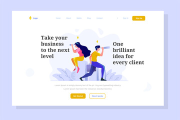 Obraz na płótnie Canvas Landing page Business and finance man and women vision seeing the future direction of business with telescope people character flat design style Vector Illustration