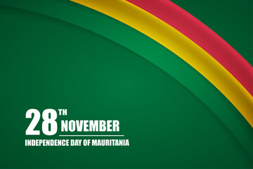 Happy independence day of Mauritania country with tricolor curve flag and typography background