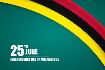 Happy independence day of Mozambique country with tricolor curve flag and typography background