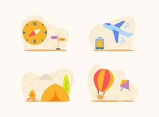 traveling set collection package white isolated background with modern flat cartoon style