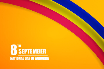Happy national day of Andorra country with tricolor curve flag and typography background
