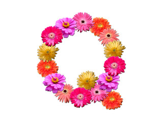 Font made from flowers. Arrangement flowers into letter. floral lettering on a white background. Font flower or letter flower.