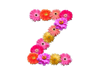 Font made from flowers. Arrangement flowers into letter. floral lettering on a white background. Font flower or letter flower.