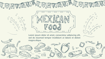 Illustration sketch made in the style of a doodle hand drawn for a design on the theme of Mexican national food tortillas tacos and burritos hot pepper tomato