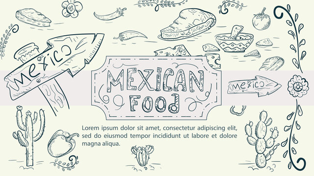 Illustration sketch made in the style of a doodle hand drawn for a design on the theme of Mexican national food road sign tortilla taco chili pepper tomato