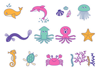 海の生き物のベクターイラストセット