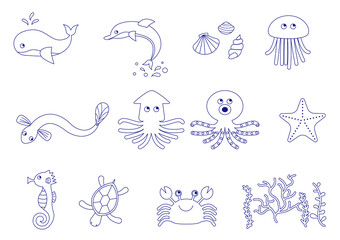 海の生き物のベクターイラストの線画