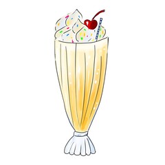 vanilla milk shake in a glass with a cherry and sprinkles