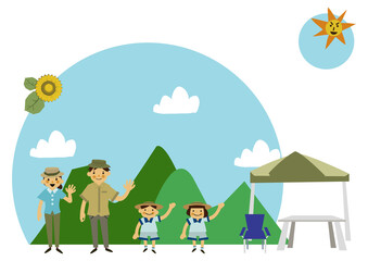 夏のレジャーのイラスト。
夏のアイコン素材。夏服の人物。夏のトレッキング。