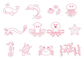 海の生き物のベクターイラストの線画
