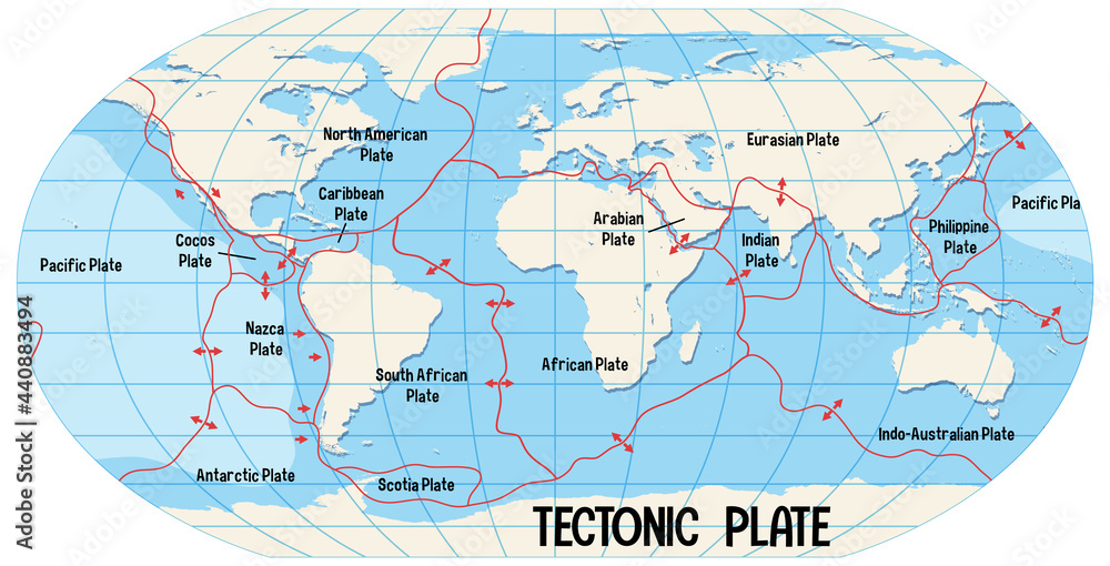 Wall mural world map showing tectonic plates boundaries