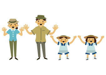 夏のレジャーのイラスト。
夏のアイコン素材。夏服の人物。夏のトレッキング。