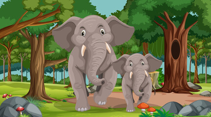Elephant mom and baby in forest or rainforest scene with many trees