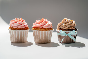 Cupcakes on a white sunny background with a shadow.