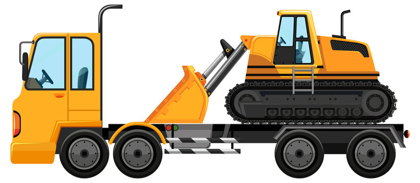 Tow truck carrying front loader isolated background