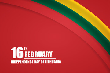 Happy independence day of Lithuania country with tricolor curve flag and typography background
