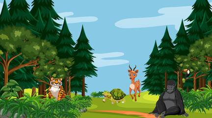 Forest scene with different wild animals