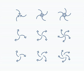 spinning arrow icon set: shrink, spread, swirl, fan rotate line arrows. editable stroke vector illustration