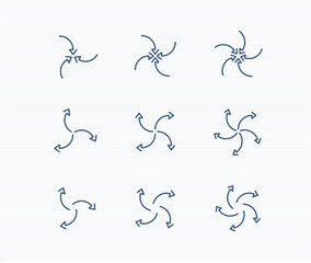 spinning arrow icon set: converge, shrink, spread, swirl, fan rotate line arrows. editable stroke vector illustration