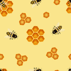 Honey seamless pattern. Honeycombs and bees. Vector illustration